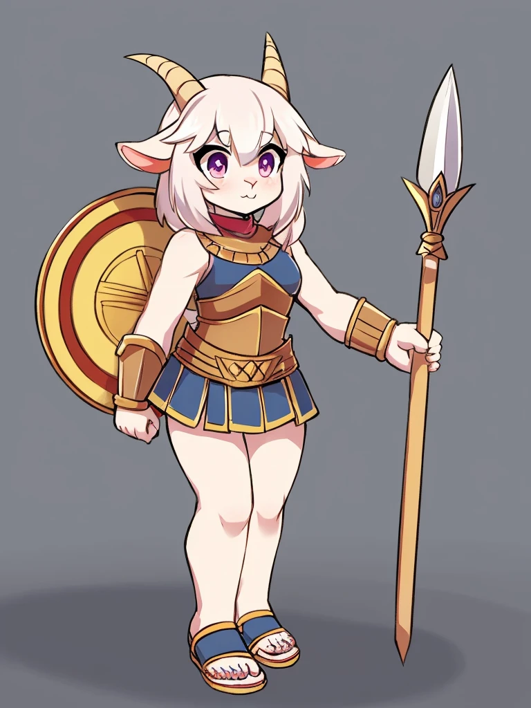 1girl, furry, furry_female, goat_ears, goat_girl, solo, wearing full body plate armor, gladiator skirt, gladiator sandals, humanoid feet, holding a spear, nosebleed,bloody nose