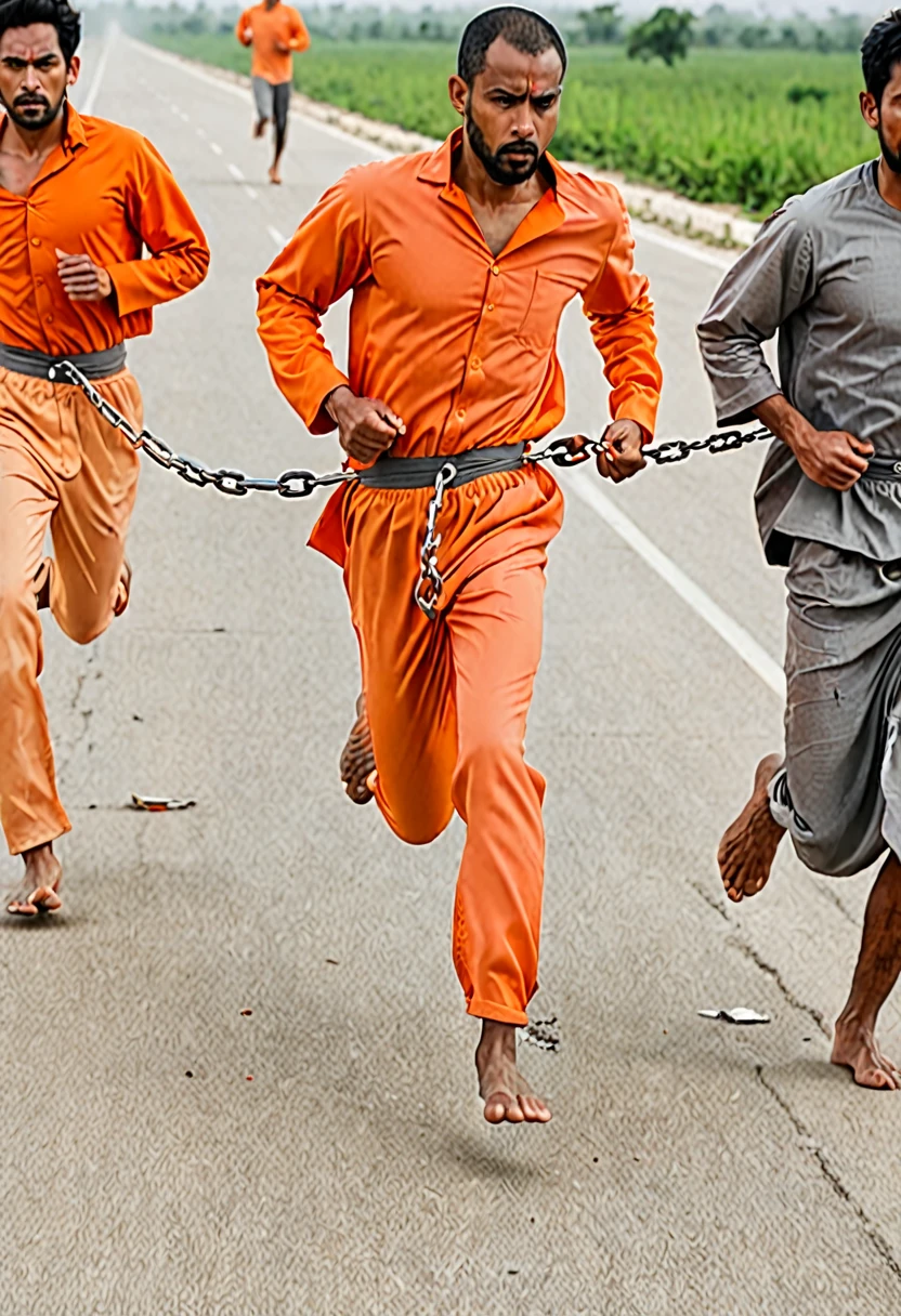 4 men chained at the waist running, men behind with gray clothes, 1 man in front highlighted in opaque orange clothing, detailded, simple torn clothes and bare feet 