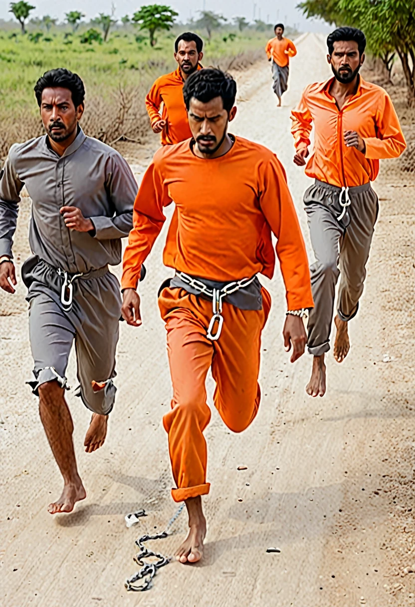 4 men chained at the waist running, men behind with gray clothes, 1 man in front highlighted in opaque orange clothing, detailded, simple torn clothes and bare feet