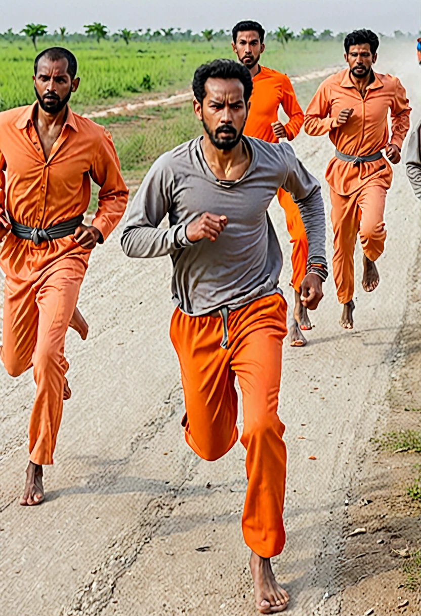 4 men chained at the waist running, men behind with gray clothes, 1 man in front highlighted in opaque orange clothing, detailded, simple torn clothes and bare feet