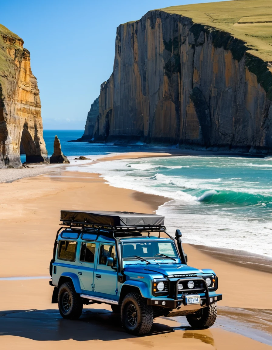 An off-road vehicle with its doors open, parked on a rugged beach with cliffs and waves in the background. The scene captures a sense of adventure and exploration