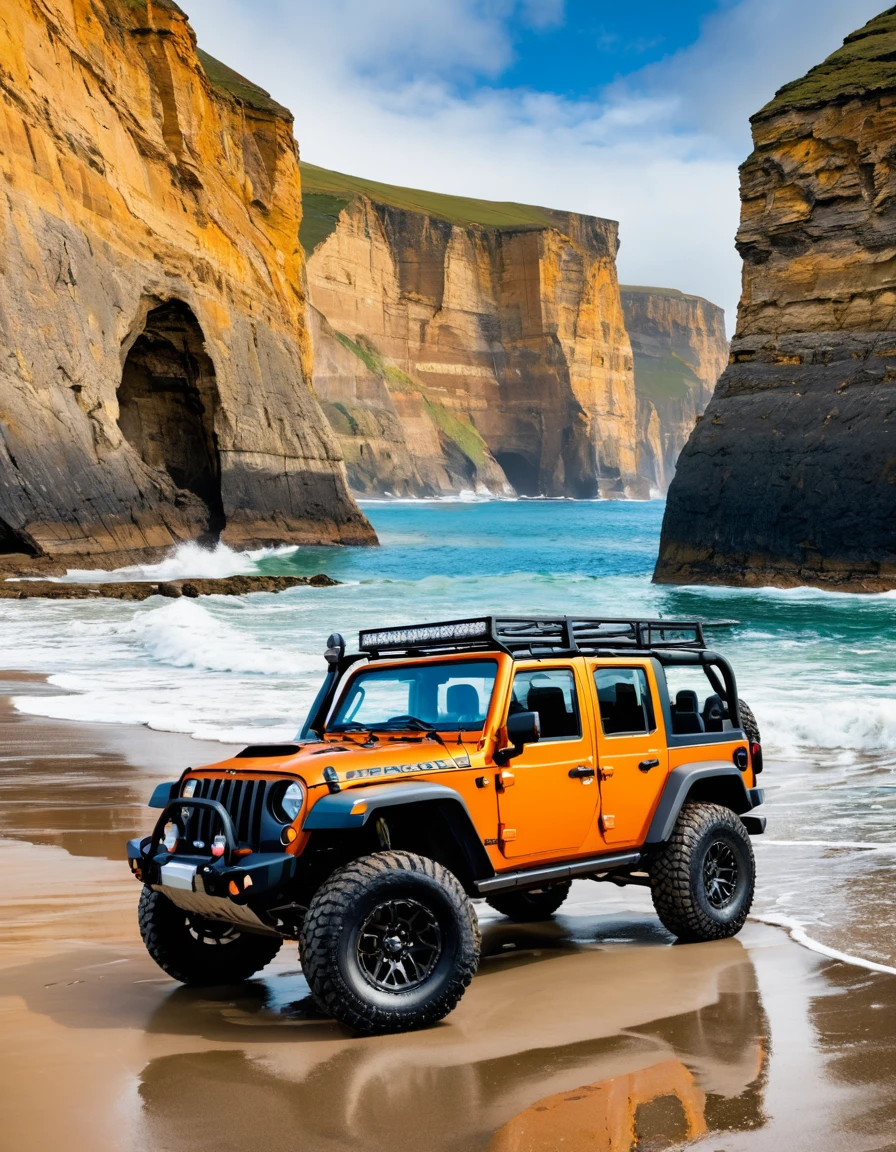 An off-road vehicle with its doors open, parked on a rugged beach with cliffs and waves in the background. The scene captures a sense of adventure and exploration