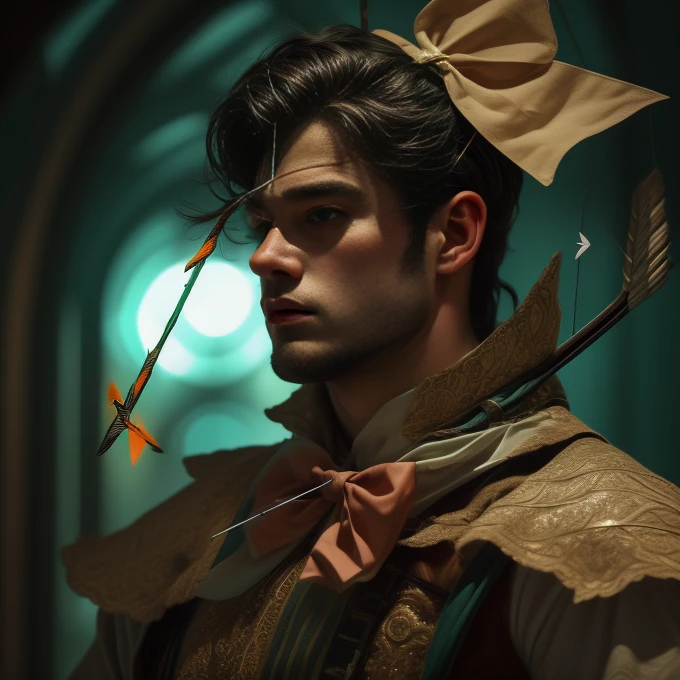 a thief in a green tunic, intricate detailed costume, medieval era, fantasy forest, high quality, cinematic lighting, vibrant colors, dramatic lighting, realistic, detailed portrait, muscular male figure, determined expression, (bow and arrow:2.0), ornate golden details, lush greenery, deep shadows, detailed textures, photorealistic, masterpiece