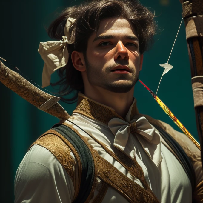 a thief in a green tunic, intricate detailed costume, medieval era, fantasy forest, high quality, cinematic lighting, vibrant colors, dramatic lighting, realistic, detailed portrait, muscular male figure, determined expression, (bow and arrow:2.0), ornate golden details, lush greenery, deep shadows, detailed textures, photorealistic, masterpiece