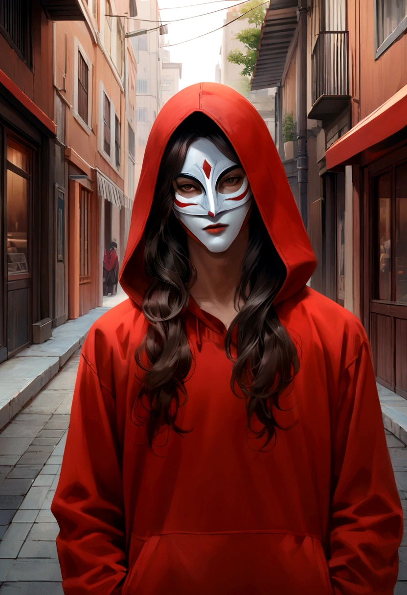 A realistic portrait of a man with long hair, wearing a red hoodie and wearing a La Casa de Papel mask seen from the front. He is in an urban environment, perhaps on a busy street.