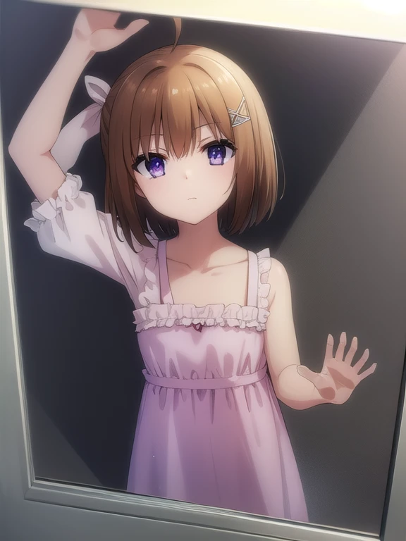 korewaharuna, haruna, short hair, brown hair, (purple eyes:1.1), ahoge, hair ornament, x hair ornament,
BREAK dress, collarbone, frills, bow, sleeveless, bare arms, hands on glass, against glass,
BREAK window, outdoors, school second floor,
BREAK looking at viewer,  frontal shot,
BREAK (masterpiece:1.2), best quality, high resolution, unity 8k wallpaper, (illustration:0.8), (beautiful detailed eyes:1.6), extremely detailed face, perfect lighting, extremely detailed CG, (perfect hands, perfect anatomy),