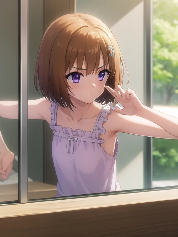 korewaharuna, haruna, short hair, brown hair, (purple eyes:1.1), ahoge, hair ornament, x hair ornament,
BREAK dress, collarbone, frills, bow, sleeveless, bare arms, hands on glass, against glass,
BREAK window, outdoors, school second floor,
BREAK looking at viewer,  frontal shot,
BREAK (masterpiece:1.2), best quality, high resolution, unity 8k wallpaper, (illustration:0.8), (beautiful detailed eyes:1.6), extremely detailed face, perfect lighting, extremely detailed CG, (perfect hands, perfect anatomy),