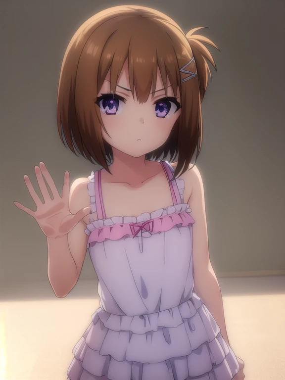 korewaharuna, haruna, short hair, brown hair, (purple eyes:1.1), ahoge, hair ornament, x hair ornament,
BREAK dress, collarbone, frills, bow, sleeveless, bare arms, hands on glass, against glass,
BREAK window, outdoors, school second floor,
BREAK looking at viewer,  frontal shot,
BREAK (masterpiece:1.2), best quality, high resolution, unity 8k wallpaper, (illustration:0.8), (beautiful detailed eyes:1.6), extremely detailed face, perfect lighting, extremely detailed CG, (perfect hands, perfect anatomy),