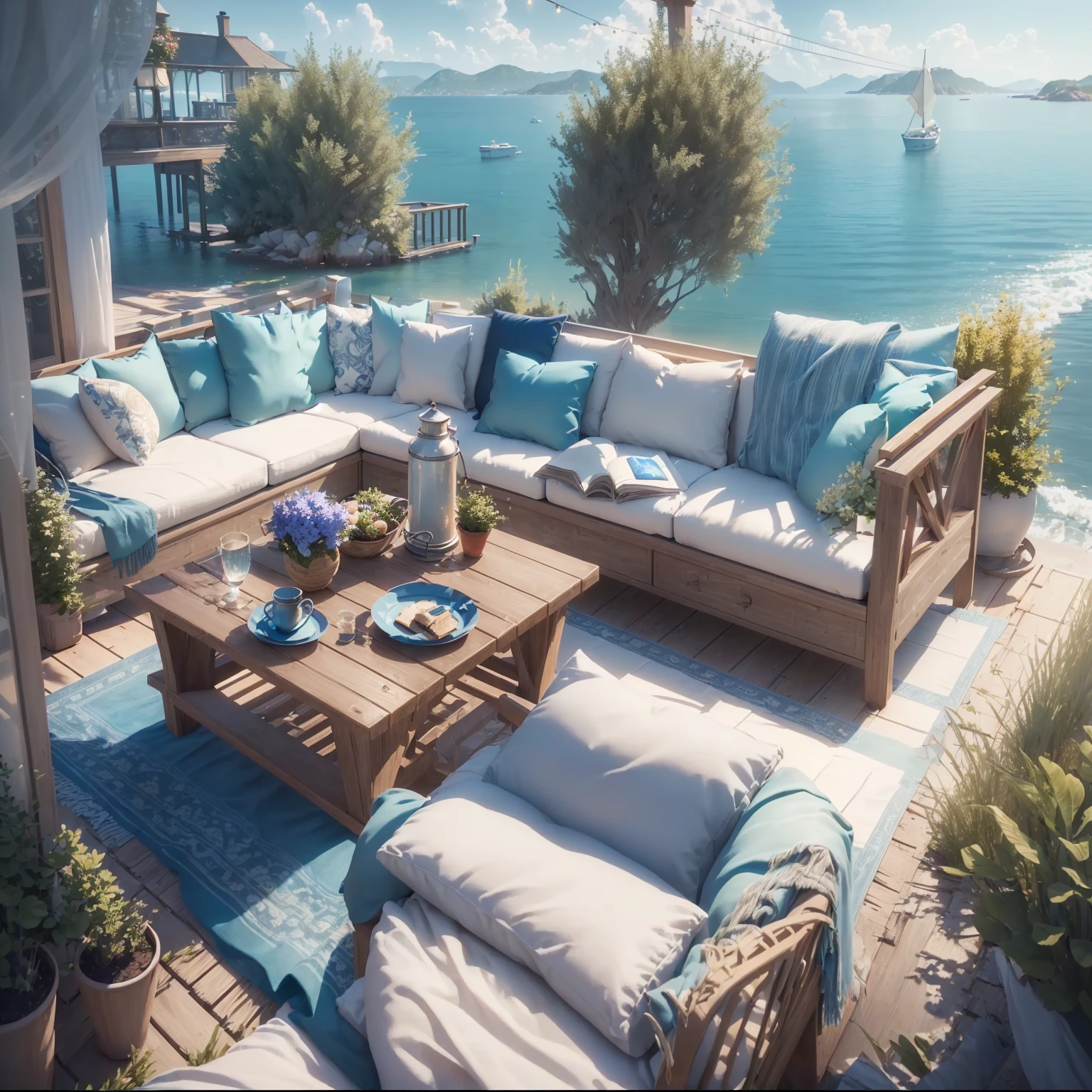 there is a sofa and table on the patio near the water, hyper detailed scene, summer engine unreal 5, engine unreal ; romantic theme, relaxing concept art, highly detailed scene, relaxing environment, hyper-realistic environment, rendered in engine unreal 5, unreal rendering 5, detailed cinematic rendering, rendered in engine unreal 4k hq, rendered in engine unreal 4 k hq