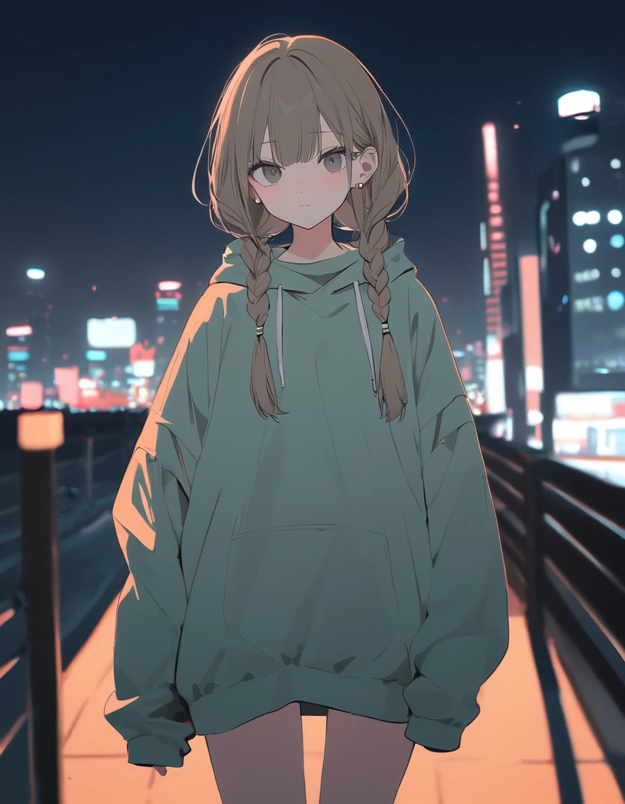 (masterpiece, best quality:1.3), very aesthetic, flat color illustration of 1girl, fashionable, oversized street outfit, looking at viewer, brown long braids, gray eyes, night sky, city lights, seoul city, cowboy shot, depth of field, Magnificent view, chromatic aberration, dreamy atmosphere, newest,