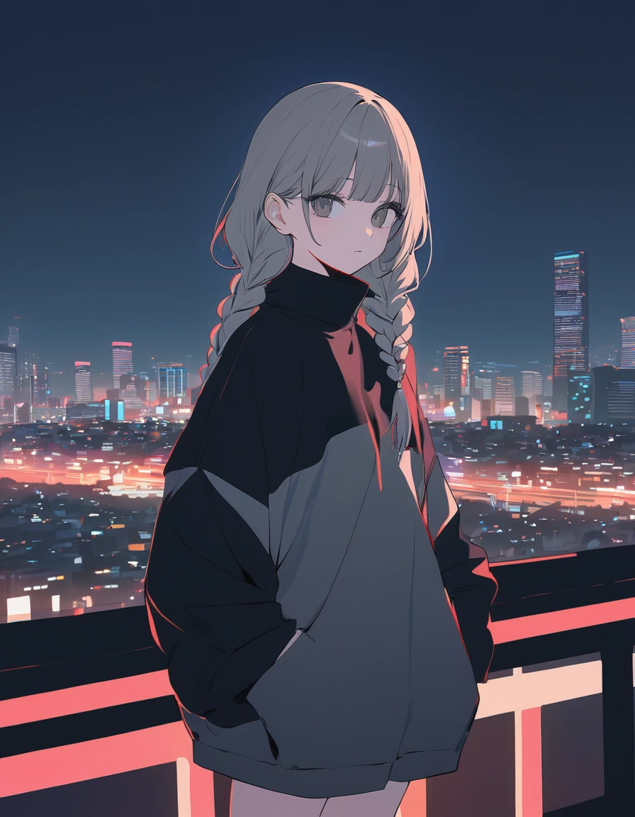 (masterpiece, best quality:1.3), very aesthetic, flat color illustration of 1girl, fashionable, oversized street outfit, looking at viewer, brown long braids, gray eyes, night sky, city lights, seoul city, cowboy shot, depth of field, Magnificent view, chromatic aberration, dreamy atmosphere, newest,