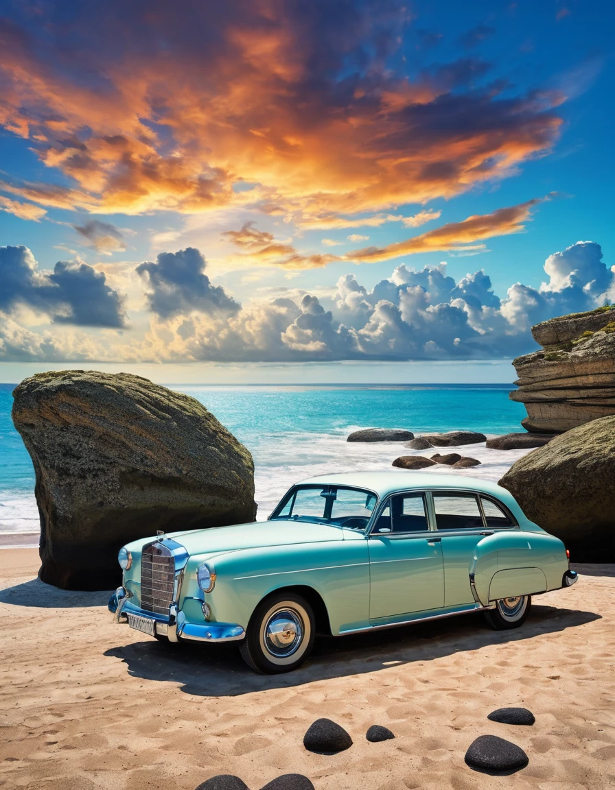A car with its doors open, parked on a beach with surreal elements like floating rocks and an unusual sky. The scene captures a dreamlike atmosphere.