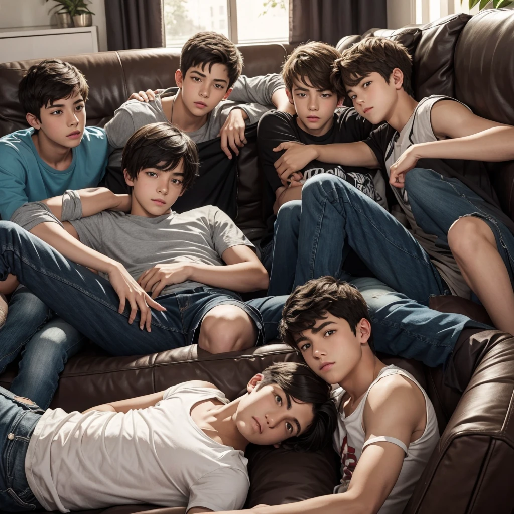 A group of teenage boys who are lying on a couch