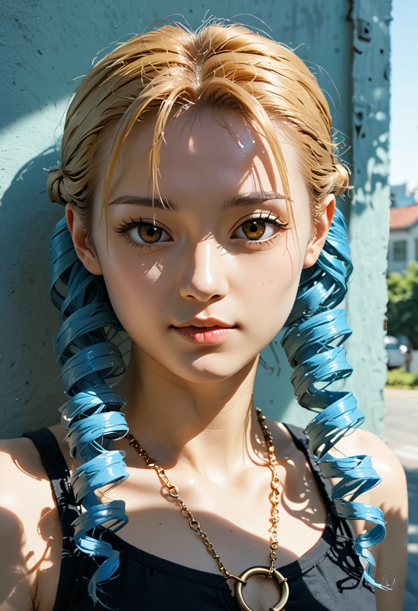 score_9,score_8_up,score_7_up,fine details in everything,KOREAN,KPOP, portrait,(shadows:1.4),day,bedroom background,o-ring,Karin Kanzuki blonde twin drills blue hair lasso