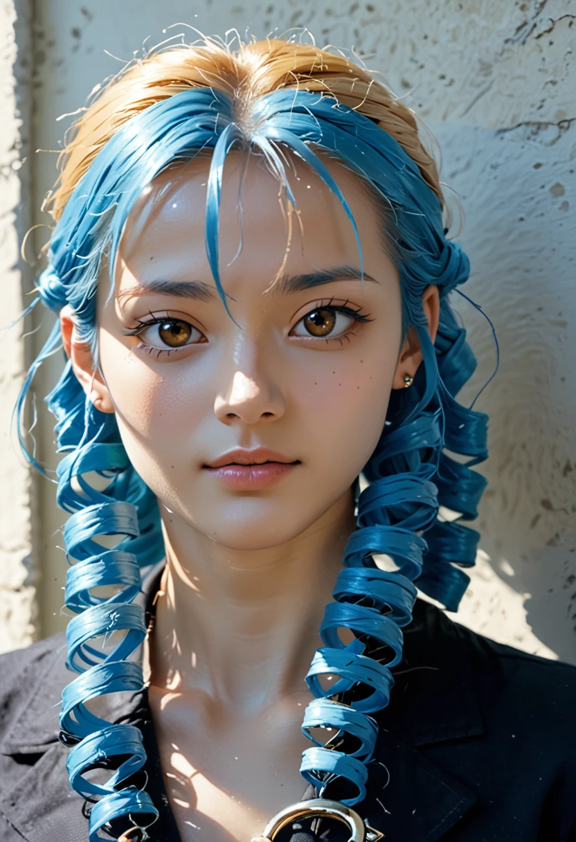 score_9,score_8_up,score_7_up,fine details in everything,KOREAN,KPOP, portrait,(shadows:1.4),day,bedroom background,o-ring,Karin Kanzuki blonde twin drills blue hair lasso