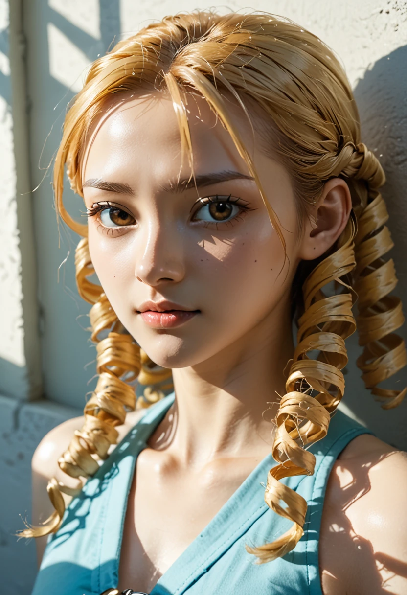 score_9,score_8_up,score_7_up,fine details in everything,KOREAN,KPOP, portrait,(shadows:1.4),day,bedroom background,o-ring,Karin Kanzuki blonde twin drills blue hair lasso