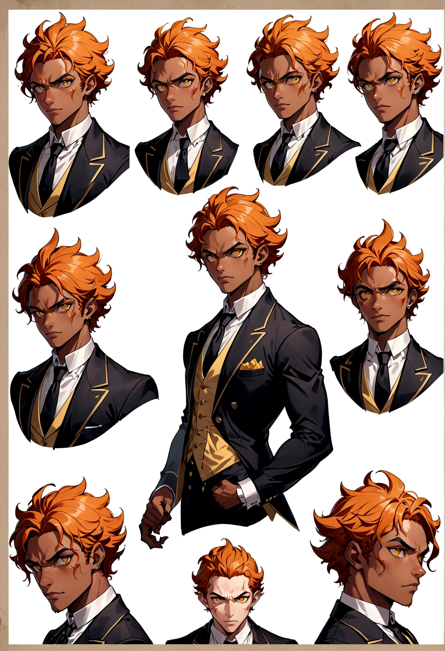 One adult male butler, athletic build, werewolf aesthetic, warm brown skin, yellow eyes, curly orange hair with black tips, Hair pushed back and set, warm and classy, many different expressions and poses, pointy ears, scars on face, character poster, reference sheet, semi realistic illustration style, high definition