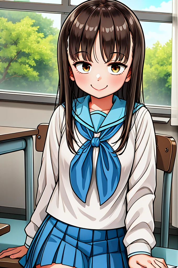 One girl, classroom, Cowboy Shot, Sitting, smile, 
yuzuki_maple, Brown eyes, Brown Hair, Long Hair, , Seraphim, White shirt, Blue Skirt, Pleated skirt, Highest quality, masterpiece, High resolution, 