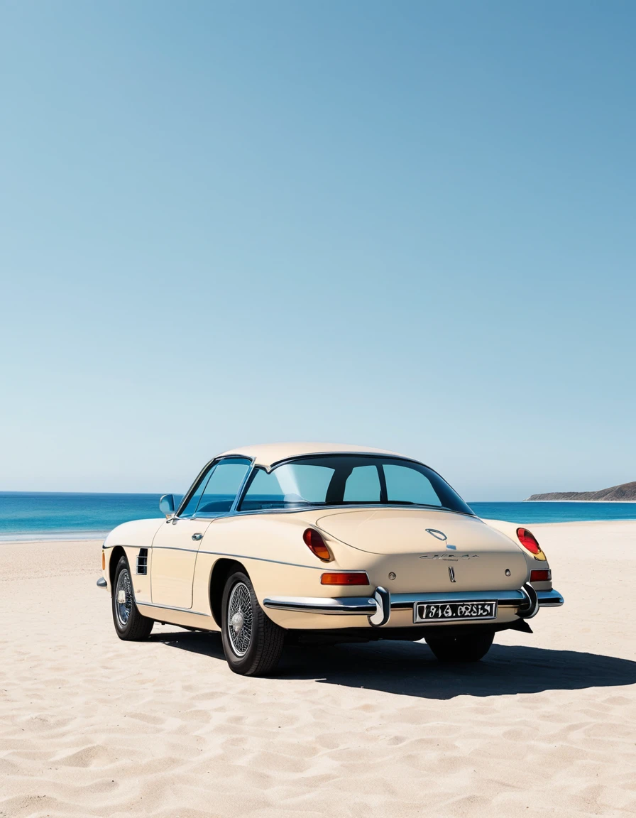 A minimalist depiction of a car with its doors open, parked on a beach with simple lines and a clear sky. The scene captures elegance and simplicity