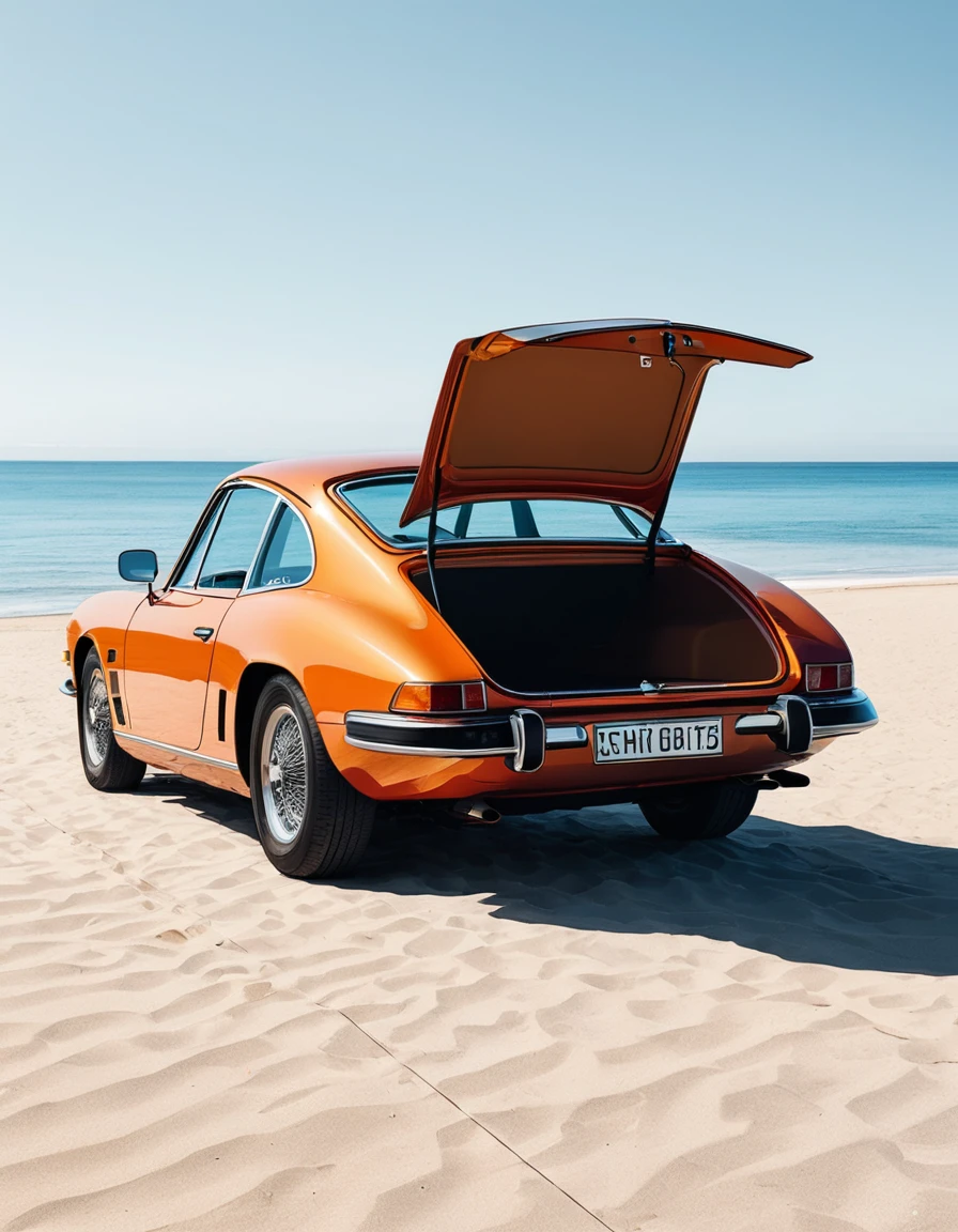 A minimalist depiction of a car with its doors open, parked on a beach with simple lines and a clear sky. The scene captures elegance and simplicity