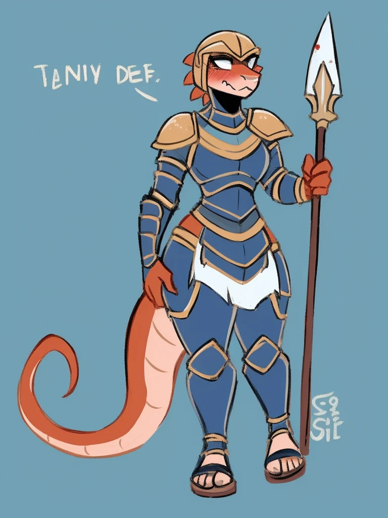 1girl, furry, furry_female, lizard_girl, solo, wearing full body, plate armor, , gladiator sandals, humanoid feet, holding a spear, nosebleed,bloody nose