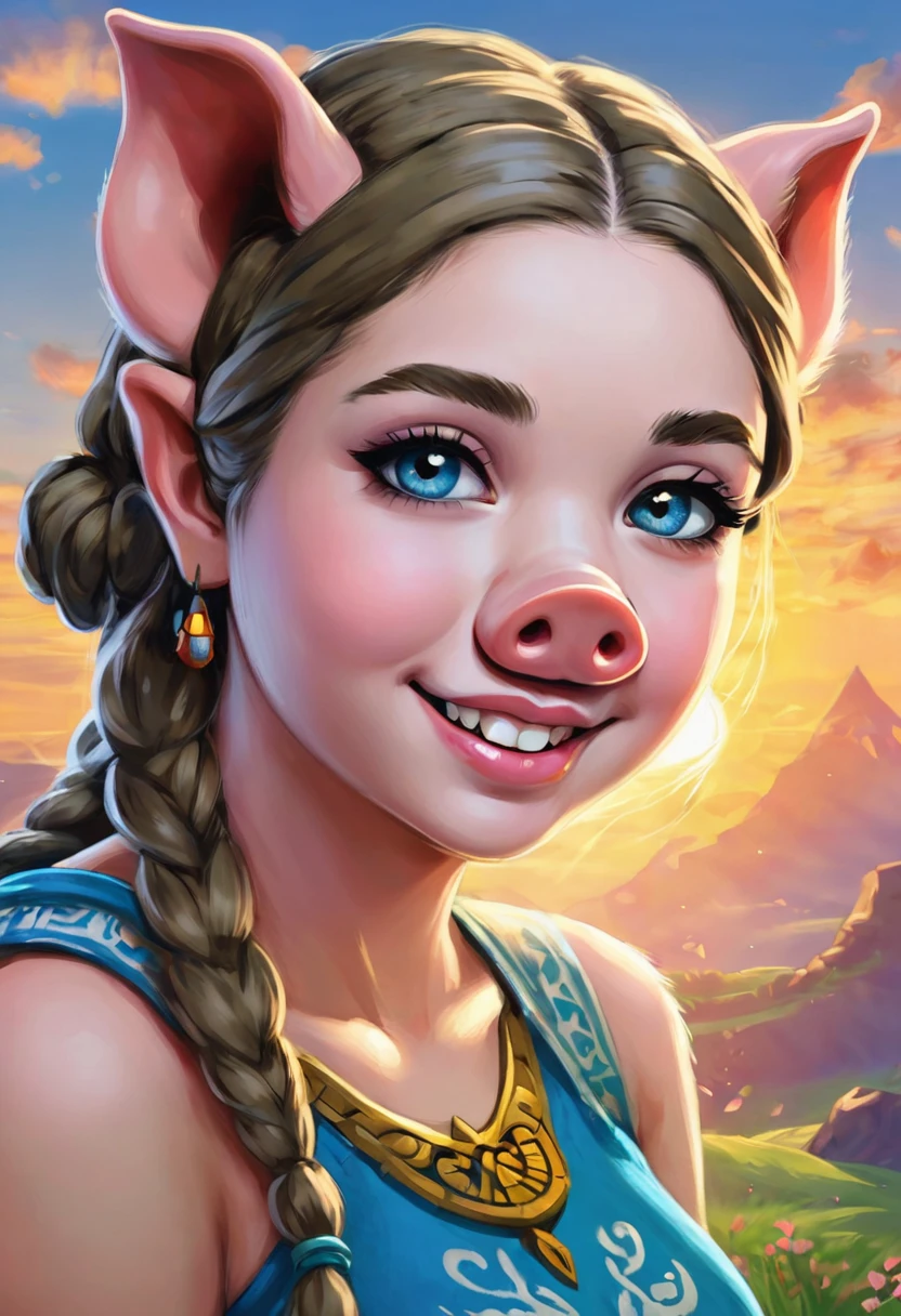 Create an illustrated, hand-drawn, full-color image of an anthropomorphic pig girl. The artwork should be rendered in the style of "Breath of the Wild," featuring warm lighting and shadows. Include graphite shading, stencil marks, and airbrushed acrylic paint effects. The image should be of the highest quality, a masterpiece with intricate details.
The pig girl should have a female, humanoid, furry appearance with grey skin. She should have luscious lips, a wide smile, and bright, expressive eyes, exuding beauty, cuteness, and adorableness. Ensure the image is high resolution and sharply detailed, with a detailed and vibrant background.
Incorporate mystical lighting in the background, creating a romantic and enchanting atmosphere.