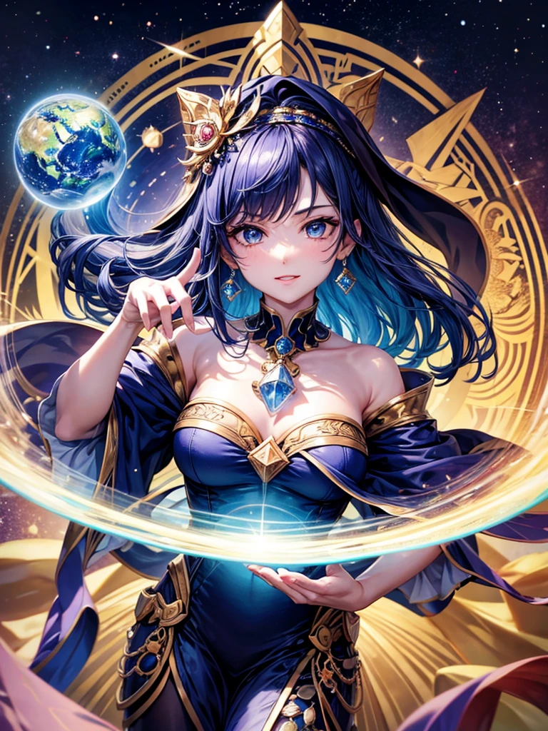 Highest quality,Highest Resolution,４K quality,A female fortune teller holds her hand over a crystal ball on which the Earth is projected,up,