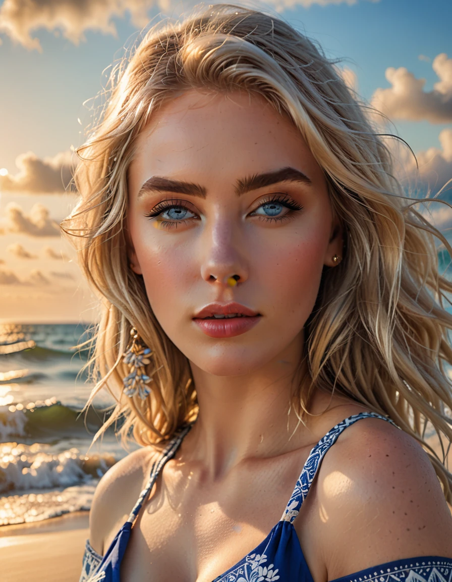 a beautiful european blonde woman with blue eyes, beach, full body, big ass, big , slim waist, (best quality,8k,highres,masterpiece:1.2),ultra-detailed,realistic,photorealistic,photo-realistic:1.37,HDR,UHD,studio lighting,ultra-fine painting,sharp focus,physically-based rendering,extreme detail description,professional,vivid colors,bokeh,detailed eyes,detailed lips,extremely detailed face,long eyelashes,looking at camera,soft lighting,golden hour,ocean waves,sandy beach,blue sky,white clouds