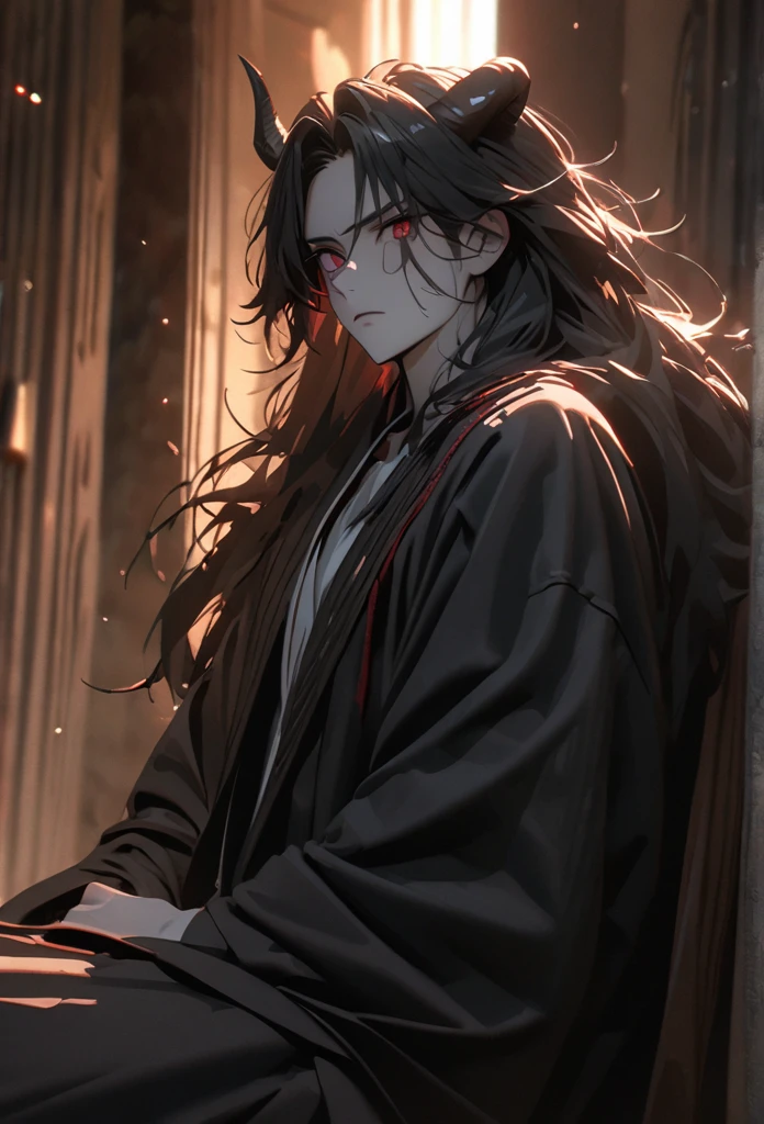 (solo), masculine, black hair, messy hair, mane hair, long hair, dense hair, wild hair, expressive hair, mature,(25 year old), pale skin, red eyes, ((man)), wearing a black robe, black demon horns,, serious, handsome, attractive, eye reflection, depth of field, thunder aura,cinematic lighting, ray tracing, depth of field, cinematic lighting, ray tracing, UHD, high details, best quality, highres, high quality, award winning, super detail, masterpiece, 8k, UHD, high details, best quality, highres, high quality, award winning, super detail, masterpiece, 8k, digital art, anime coloring, full body, body shot, good face, perfect face, detailed face, good eyes, sitting on a throne