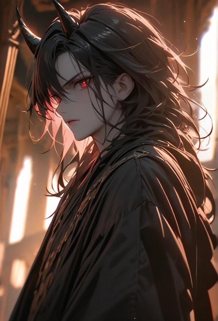 (solo), masculine, black hair, messy hair, mane hair, long hair, dense hair, wild hair, expressive hair, mature,(25 year old), pale skin, red eyes, ((man)), wearing a black robe, black demon horns,, serious, handsome, attractive, eye reflection, depth of field, thunder aura,cinematic lighting, ray tracing, depth of field, cinematic lighting, ray tracing, UHD, high details, best quality, highres, high quality, award winning, super detail, masterpiece, 8k, UHD, high details, best quality, highres, high quality, award winning, super detail, masterpiece, 8k, digital art, anime coloring, full body, body shot, good face, perfect face, detailed face, good eyes, sitting on a throne