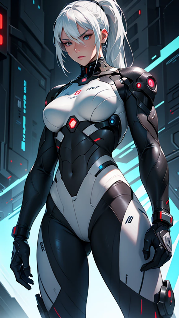 Beautiful cybernetic girl detailed muscles realistic masterpieces full figure pose (best quality,ultra-detailed), white hair in ponytail, fair skin, fit body, slim figure, narrow waist, (shocked expression), black carbon fiber cybernetic mobile combat suit