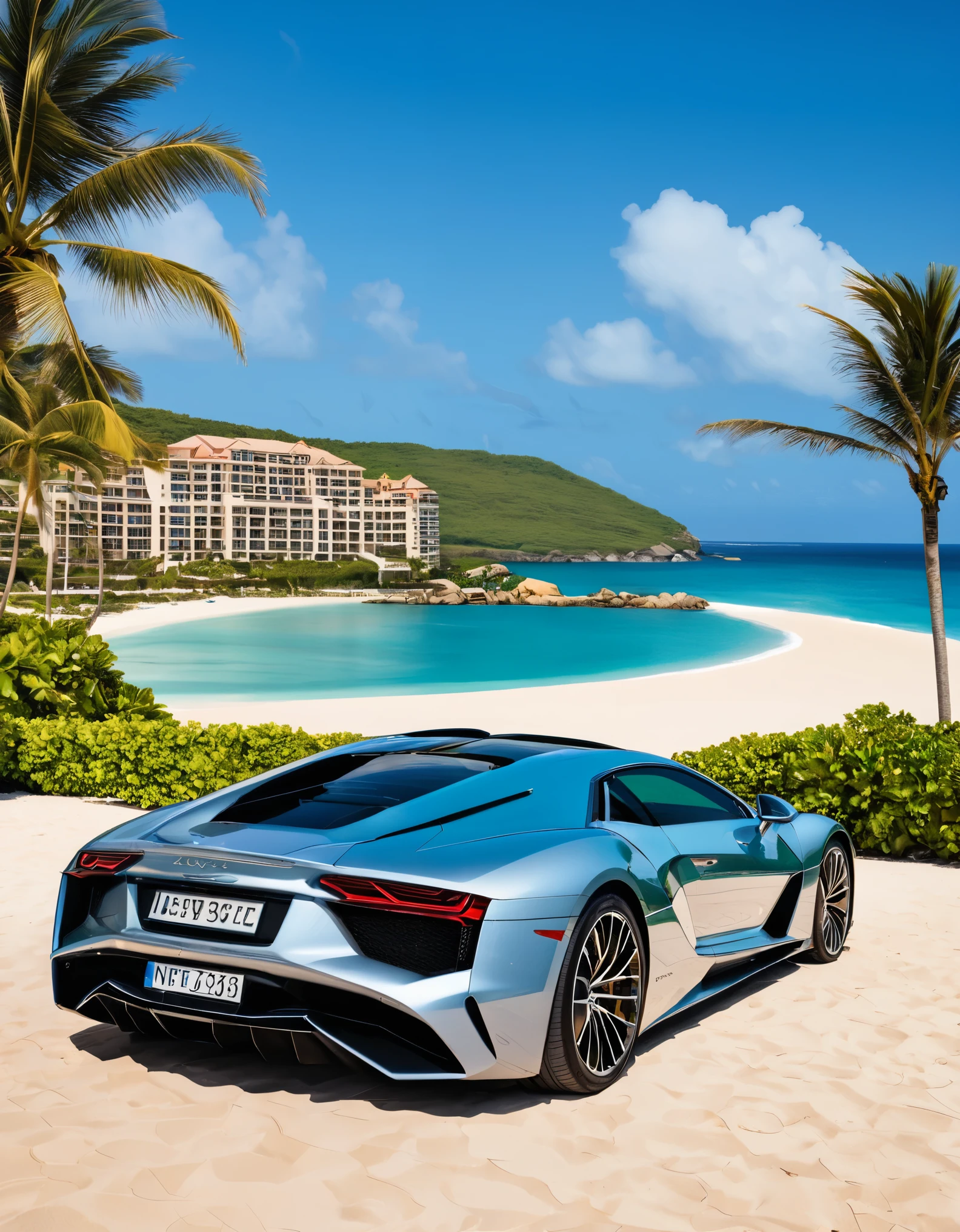 A luxury car with its doors open, parked on a beach with a luxurious resort visible in the background. The scene captures opulence and relaxation.