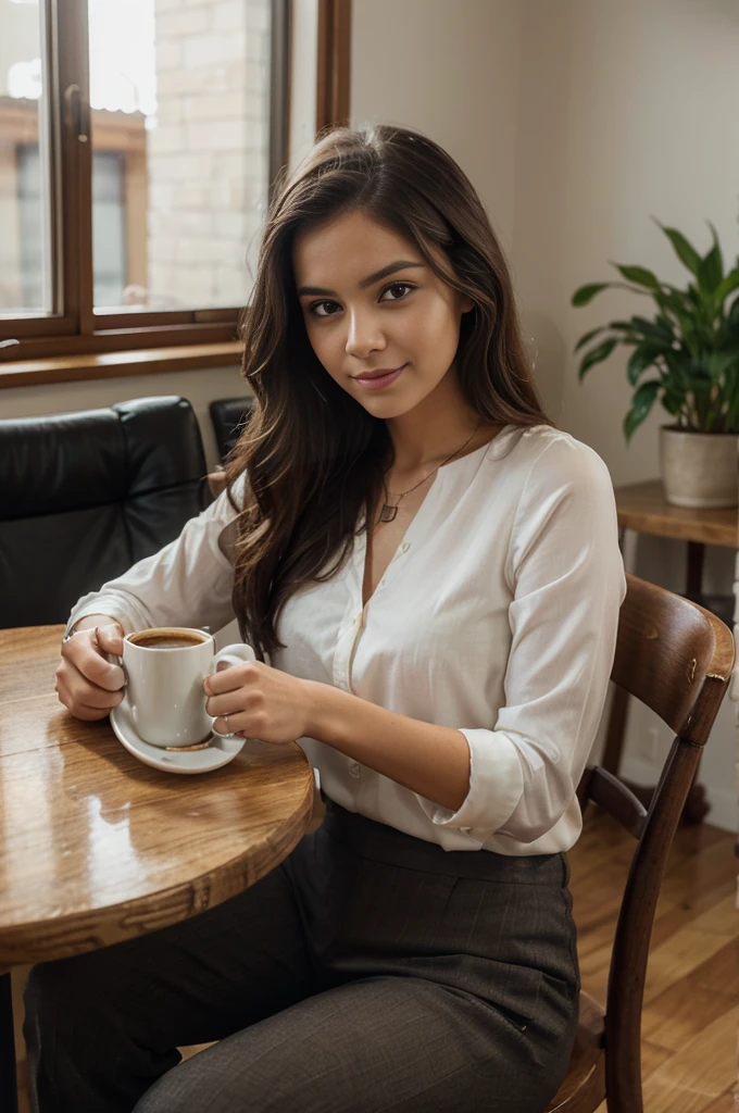 A photorealistic portrait of a 21-year-old Colombian girl with long, flowing dark hair and striking dark eyes. She should have a focused, content expression, illuminated by natural daylight coming through a window. The background should depict a cozy indoor setting, such as a cafe or a home office. Lana is dressed in a slightly more dressed-up outfit, perhaps a chic blouse and trousers, sitting at a table with a cup of coffee and a laptop in front of her. She is looking at the camera, holding her coffee cup with a slight smile. Capture this image with a high-resolution photograph using an 85mm lens for a flattering perspective.