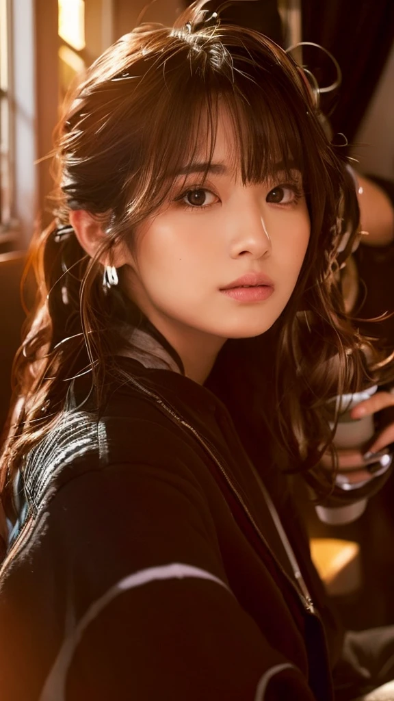 Woman sitting on chair、There is coffee on the table、Wearing fashionable clothes