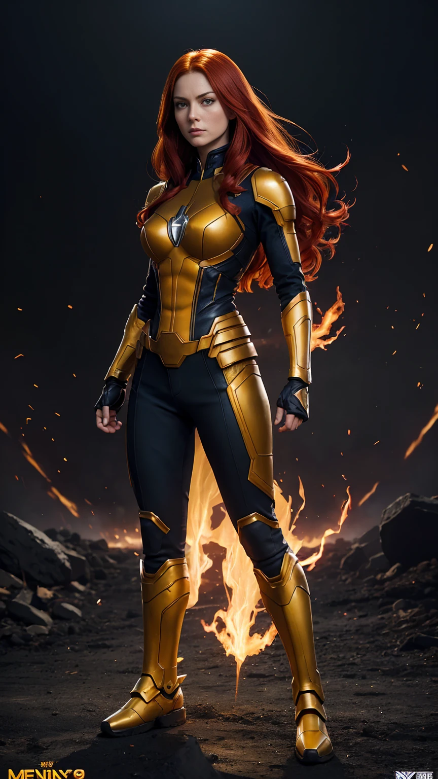 ((full body photo, standing, feet on the ground))  [best quality,ultra-detailed,realistic,photorealistic:1.37],jean grey x men 97 ,red-haired warrior with yellow eyes,standing,full-length photo,feet on the ground, wearing a black and gold jean grey x men 97 armor.