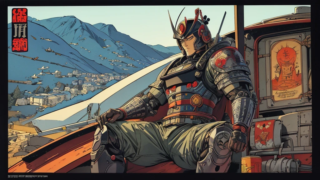Detailed pen and ink illustration of a cyborg samurai robot , head only , detailed anthropology , by herge , in tin-can comic book style , detailded , high qualiy