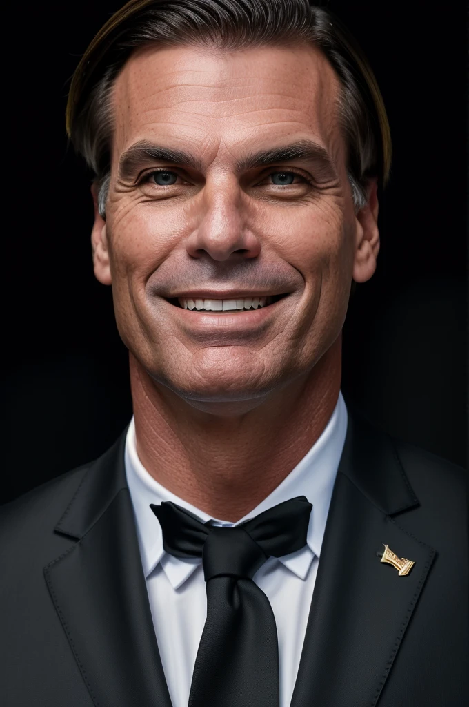 Jair Bolsonaro in a black suit, detailed blue eyes, smiling, photorealistic portrait, hyperrealistic, cinematic lighting, dramatic shadows, high detail, sharp focus, vivid colors, elegant, stylish, powerful, confident