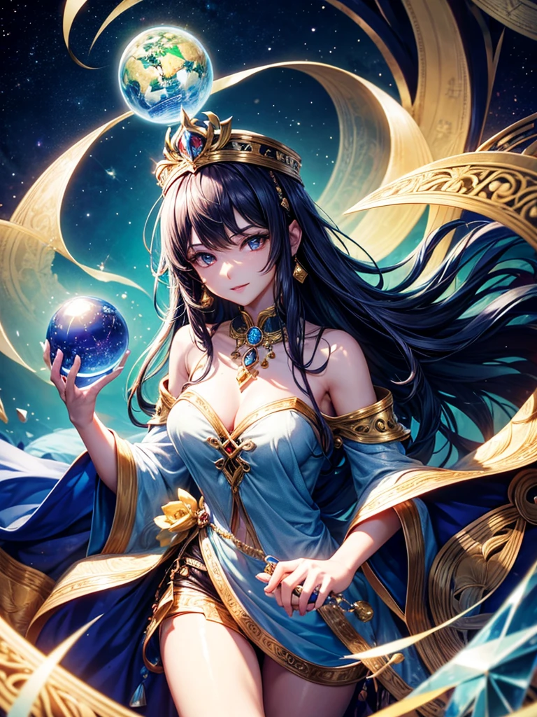 Highest quality,Highest Resolution,4K quality,A female fortune teller holds her hand over a crystal ball on which the Earth is projected,up,