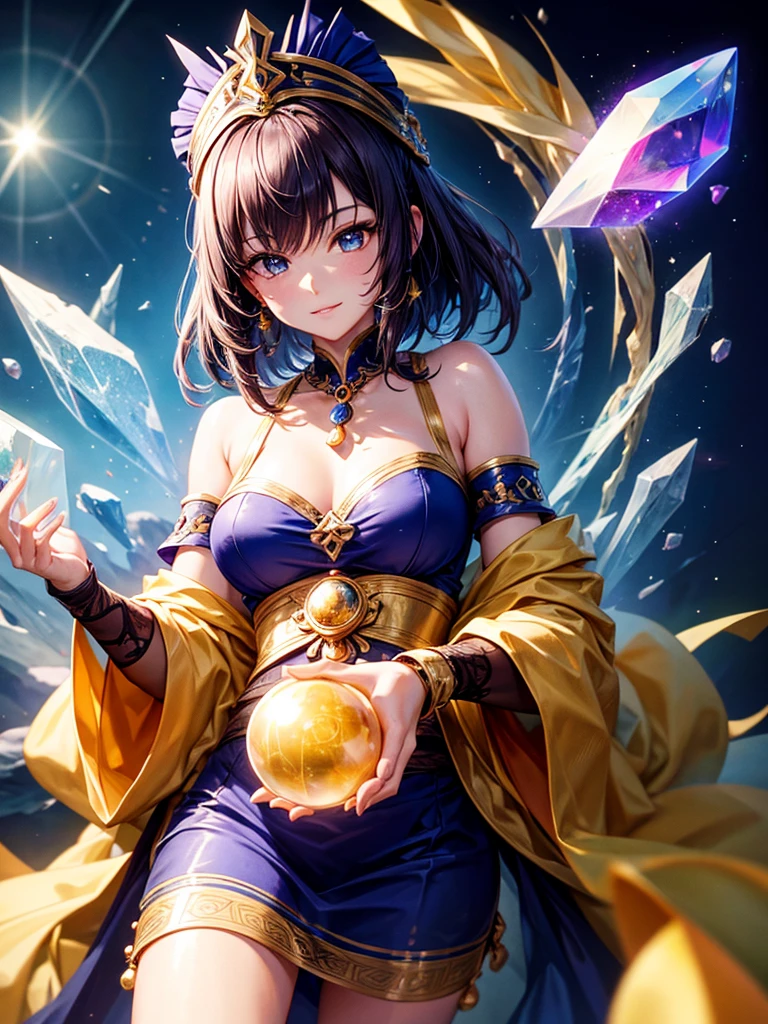 Highest quality,Highest Resolution,４K quality,A female fortune teller holds her hand over a crystal ball on which the Earth is projected,up,