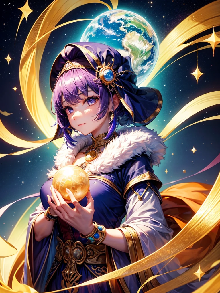 Highest quality,Highest Resolution,4K quality,A female fortune teller holds her hand over a crystal ball on which the Earth is projected,up,