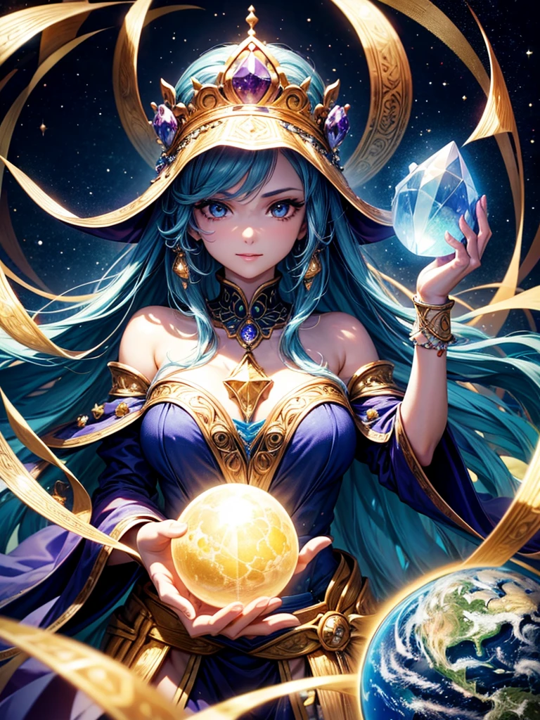 Highest quality,Highest Resolution,4K quality,A female fortune teller holds her hand over a crystal ball on which the Earth is projected,up,