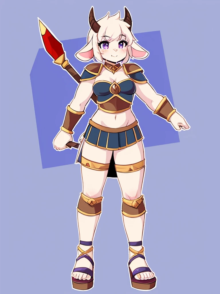 1girl, furry, furry_female, goat_ears, goat_girl,  solo, wearing full body plate armor, gladiator skirt, gladiator sandals, humanoid feet, holding a spear, nosebleed,bloody nose