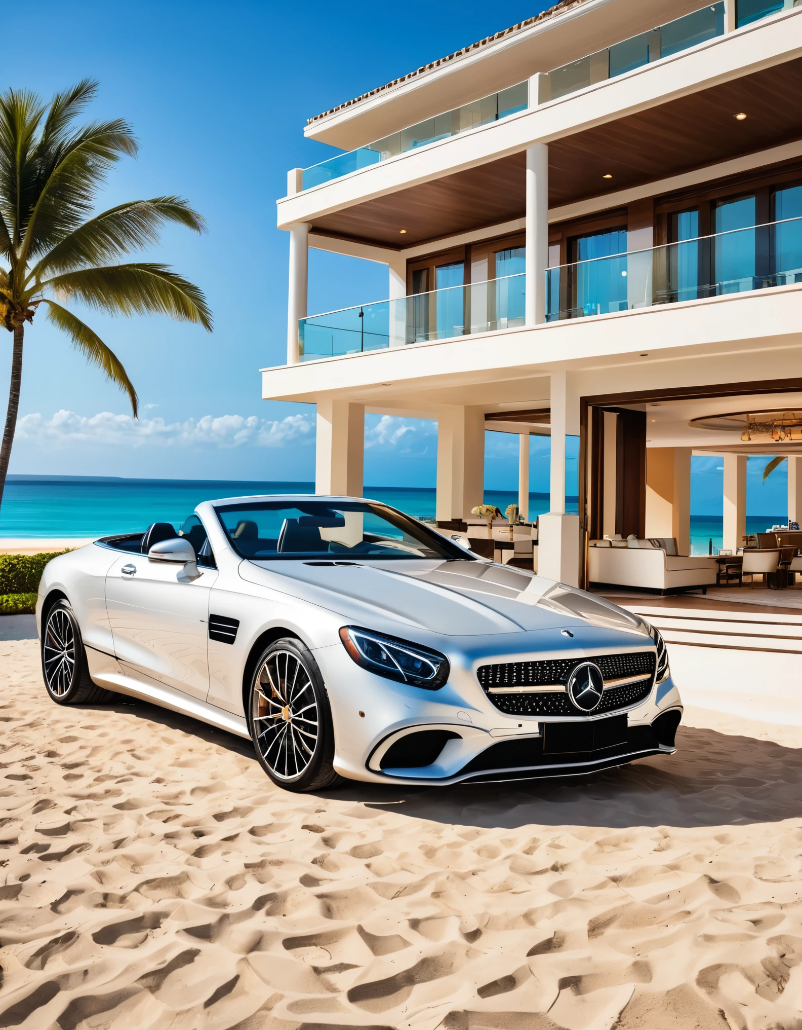 A luxury car with its doors open, parked on a beach with a luxurious resort visible in the background. The scene captures opulence and relaxation.
