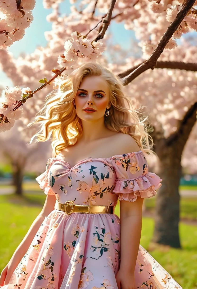 A beautiful sensual curvy blonde tween wearing a sweet Pink Contrast Mesh, Ruffle Hem, All Over cherry blossoms Print, A Line, Short puff Sleeves, Sweetheart neckline, thin gold belt with tiny heart buckle, High Waist,Flounce hem Long gown, very long curling hair, cute, sweet, town picnic, warm atmosphere, pretty, pretty lighting, 8k, octane render, detailed, detailed background, 35mm, realistic, photorealistic, perfect face, cherry blossoms barrettes in hair, freckles, risqué poses, ((American face)), American, ((Billie Eillish))