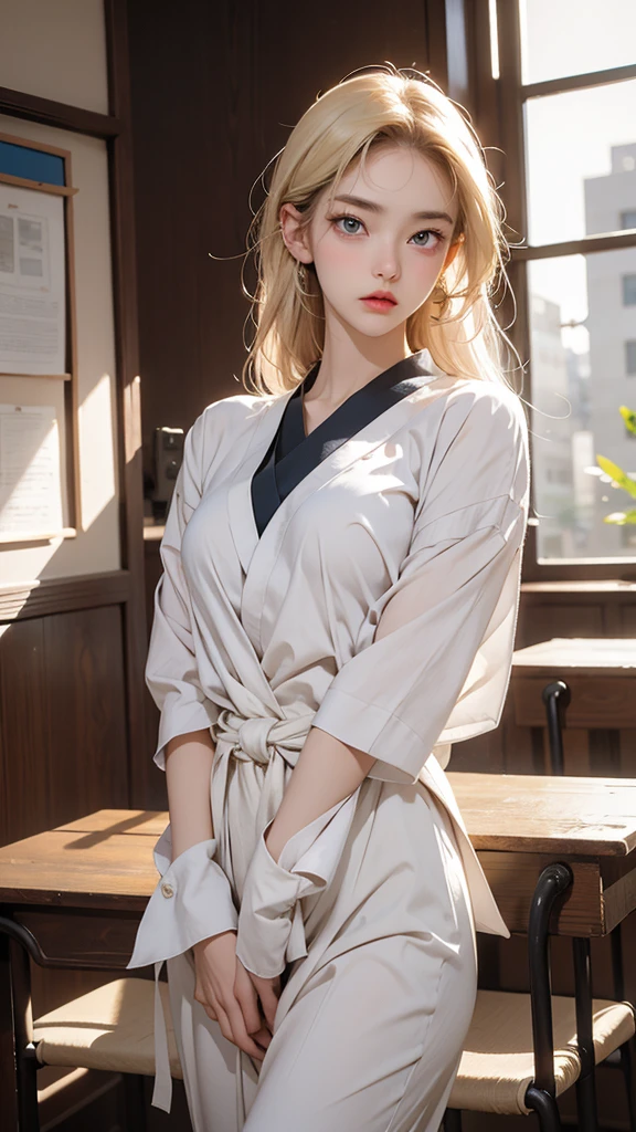 There is a stunning beauty. She is a half-French, half-Japanese woman of unparalleled beauty. Her face is incredibly beautiful, with striking blue eyes and gorgeous long, straight, blonde hair. Her facial expression is one of intense anger, with furrowed brows and puffed cheeks. She is dressed in a Japanese high , a sailor suit, with a white blouse as the top. The composition should only depict her from the chest up, not including anything from the waist down. She is facing straight ahead, crossing her arms in anger, appearing to be complaining towards us. The story is that she is in the middle of a verbal argument and she has a bad personality. The background is a school classroom. Please depict this