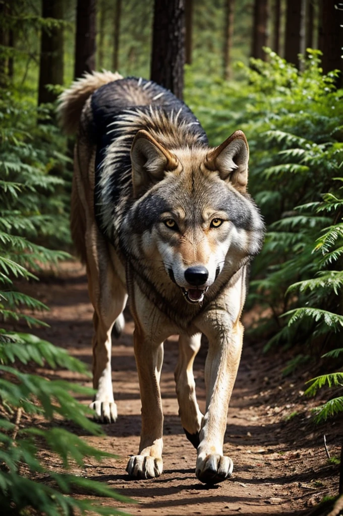 wolf chasing a human in the forest