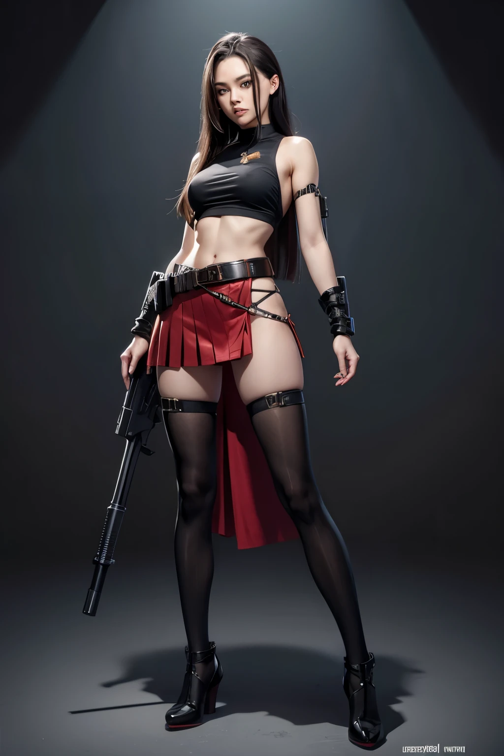 female full body character in sensual shape, wearing a skirt and belt with ammunition and a short top and long hair and long legs, ninja