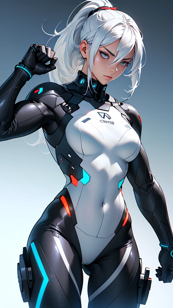 Beautiful cybernetic girl detailed muscles realistic masterpieces full figure pose (best quality,ultra-detailed), white hair in ponytail, fair skin, fit body, slim figure, narrow waist, (confident expression), black carbon fiber cybernetic mobile combat suit