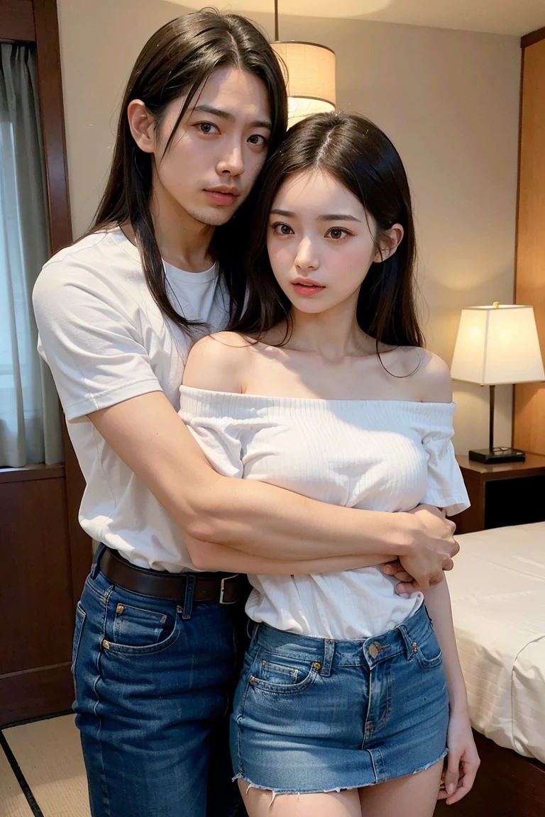 masterpiece,Highest quality,Advanced Details,1 male,1 female,((Hotel Bedroom:1.4))、((Japanese woman with straight medium-long hair:1.4)),((A woman wearing a white short-sleeved off-the-shoulder cotton shirt and a denim miniskirt:1.4)),日本人中年1 male,Black Haired Man,A man in a white dress shirt is very handsome,((Man hugging woman'head:1.4)),The Woman is short,The man is tall,Reflects the height difference between men and women,The Woman'Height: 160cm.,The man is 175cm tall...,男性が女性のheadに触れる:1.7、((They are standing in an empty room:1.5))、Women play a leading role、Women are skinny,Small breasted women、