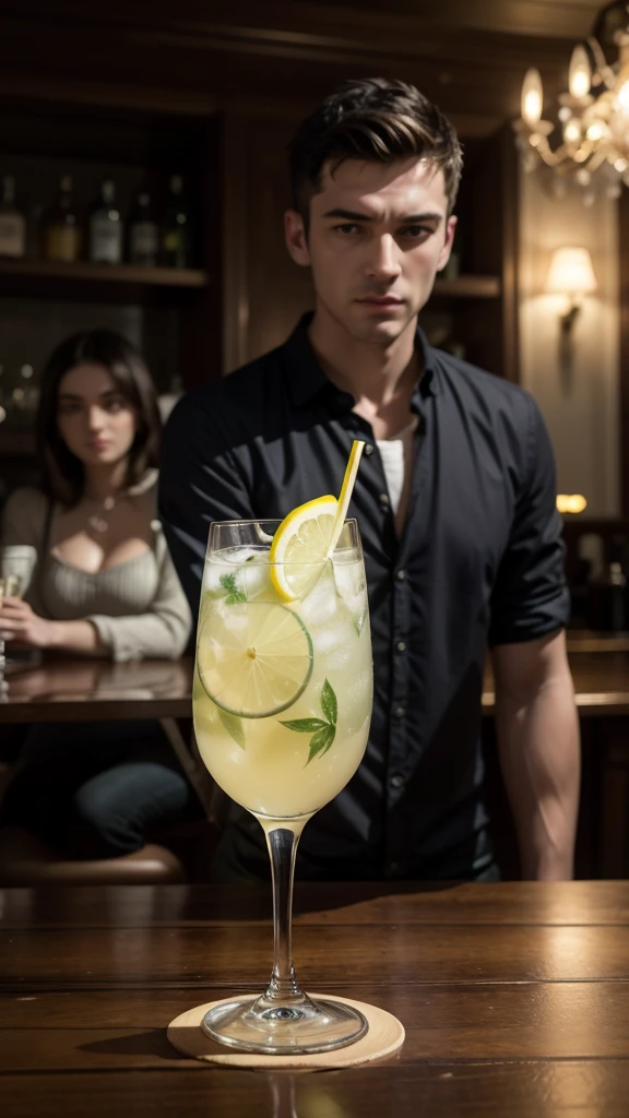 A refreshing gin and tonic drink with a slice of lemon, served in a glass in an elegant yet cool atmosphere. With people chatting in the background, young men and women, all with a glass in their hands.